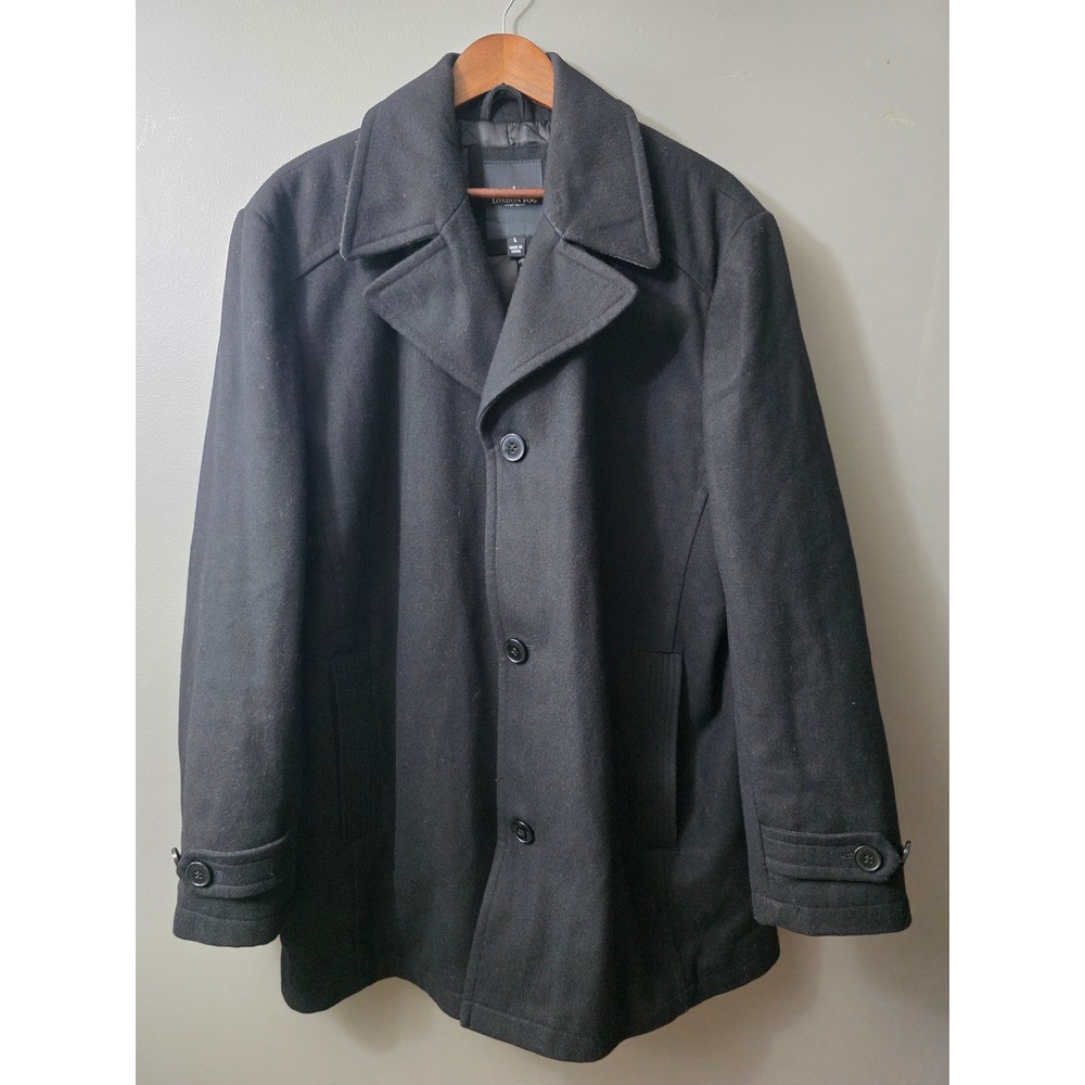 London Fog Mens Black Wool Blend Quilted Lining Pea Coat Jacket Large